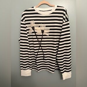Striped Black & White Floral Appliqué Long Sleeve Top. Size 2XL